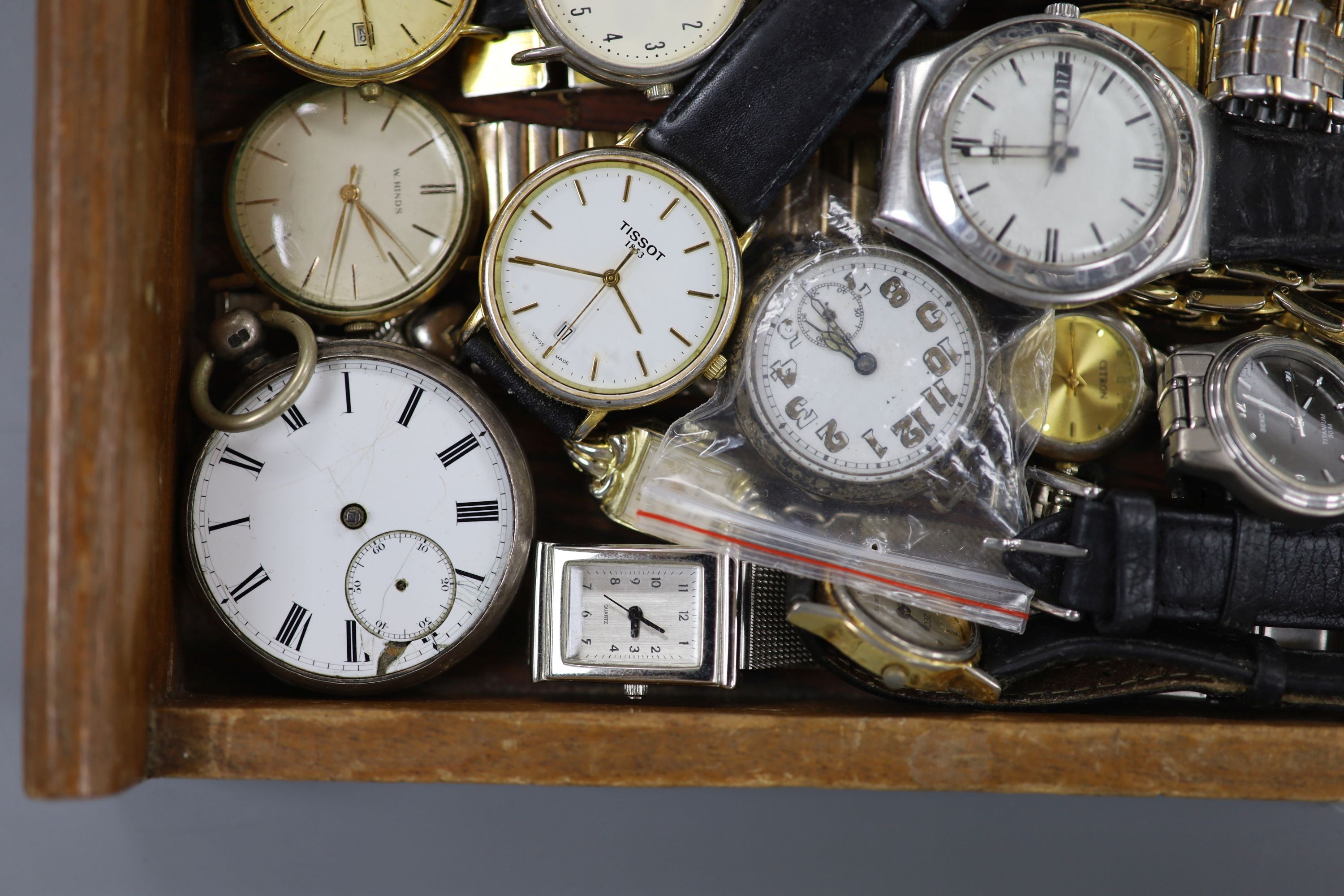 A lady's 9ct gold cased manual wind wrist watch and a quantity of assorted wrist and pocket watches.